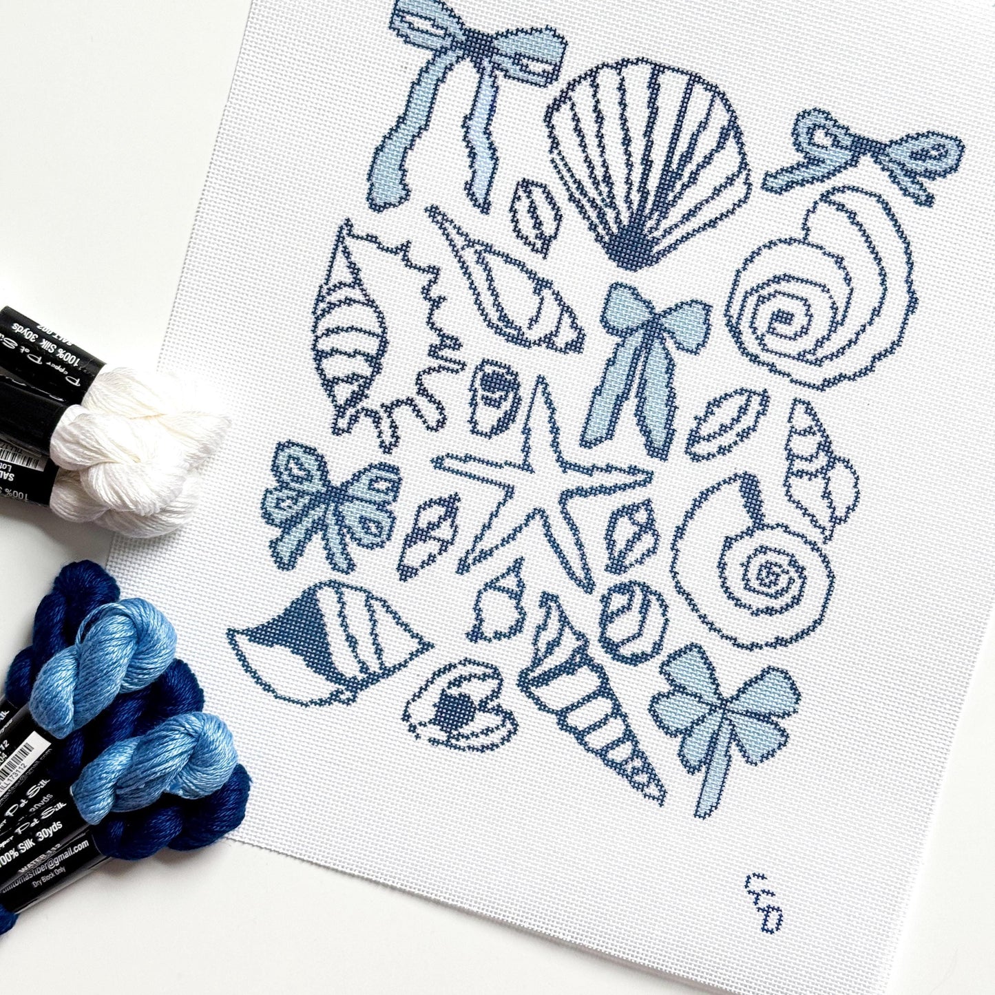 Blue Seashell & Bow Toile Needlepoint | 9″ Coastal Collage on 18-Mesh