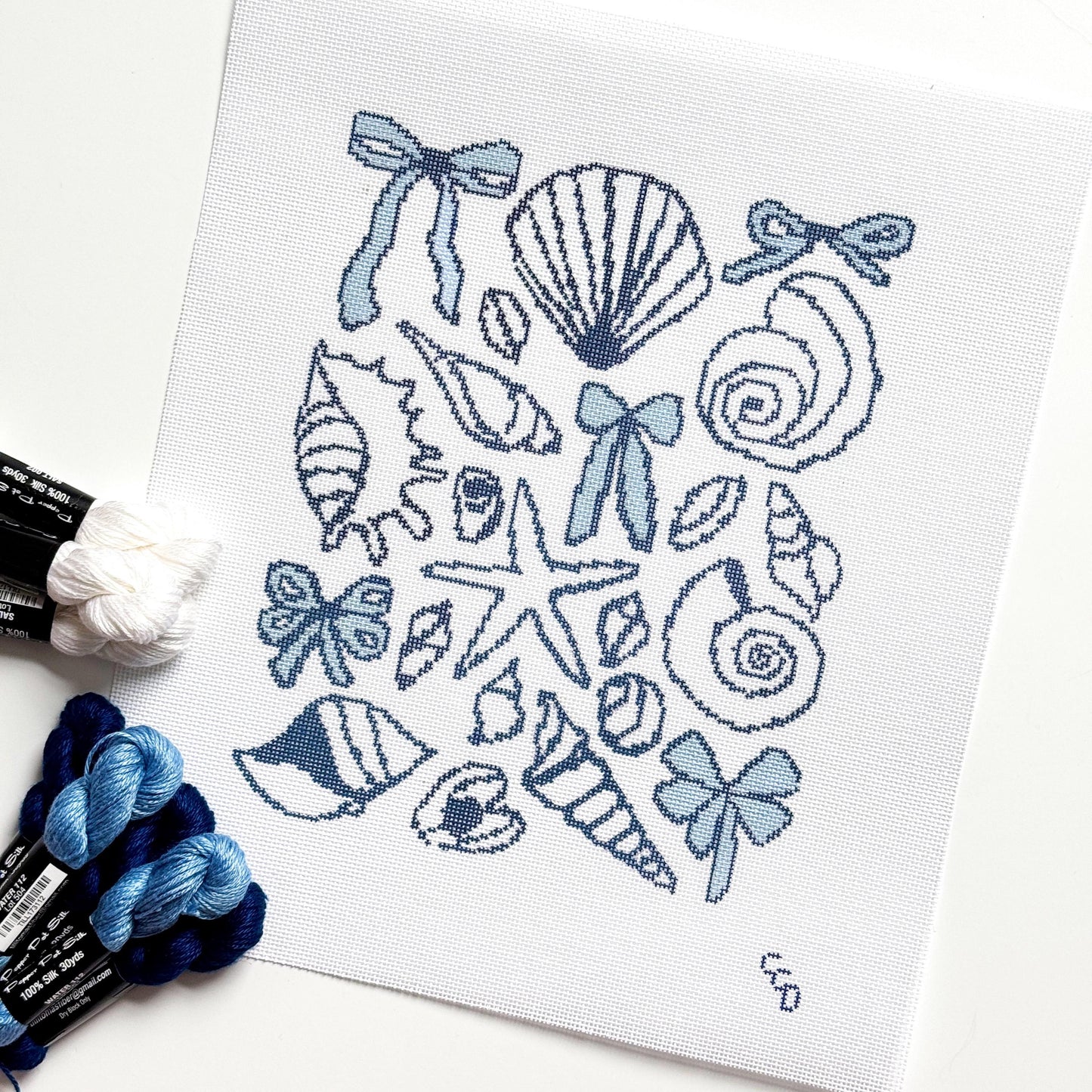 Blue Seashell & Bow Toile Needlepoint | 9″ Coastal Collage on 18-Mesh