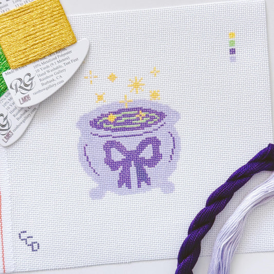 Magic Cauldren Halloween Needlepoint Canvas, 18 mesh, 4x4” design, modern trendy needlepoint canvas, bow Halloween needlepoint