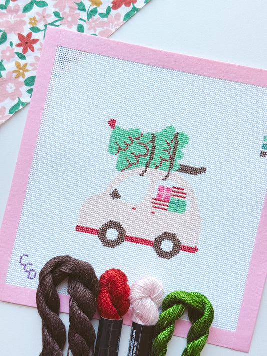 Christmas Needlepoint Ornament, Christmas Car Needlepoint, Modern Needlepoint, 18 Mesh 4”x4” Design, Pink Christmas Needlepoint Canvas