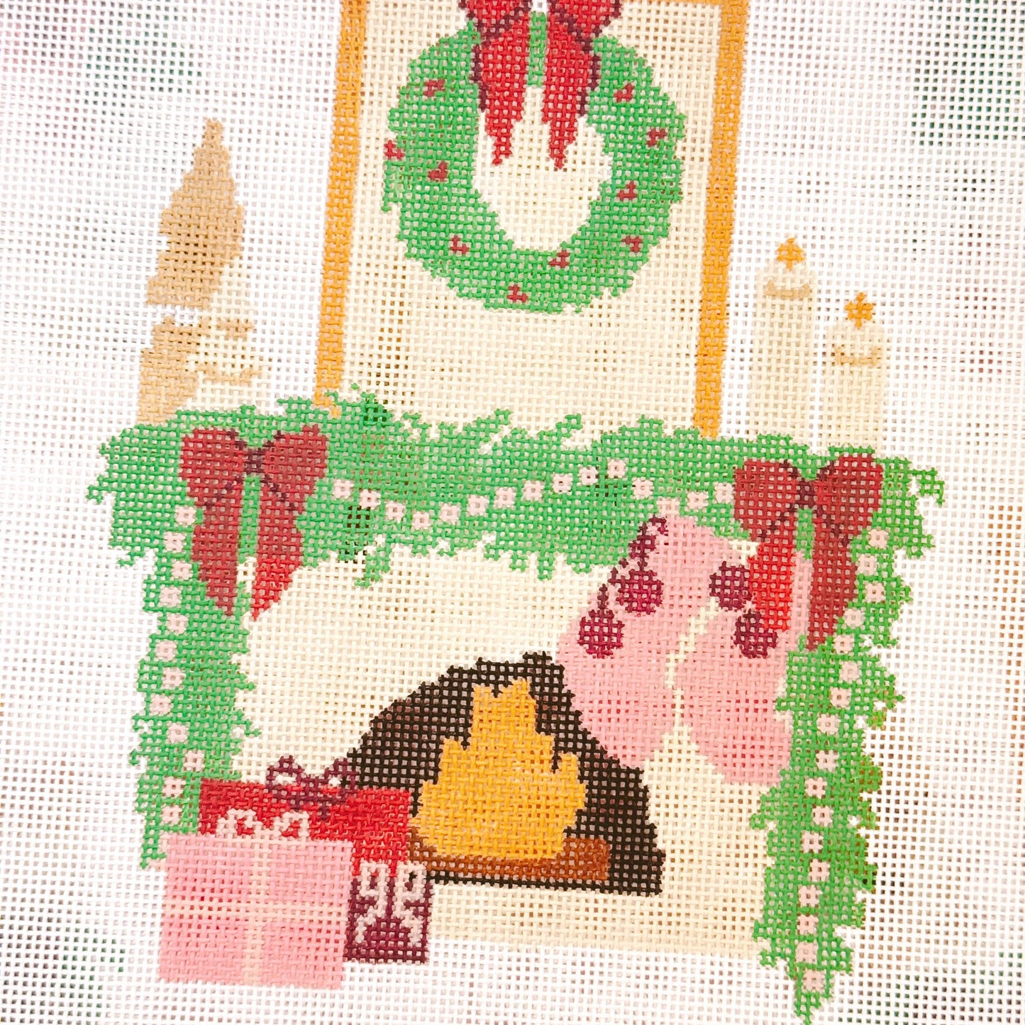 Hand Painted Christmas Fireplace Needlepoint Canvas 8” Needlepoint Canvas 18 Mesh Needlepoint Canvas Christmas Hand Painted