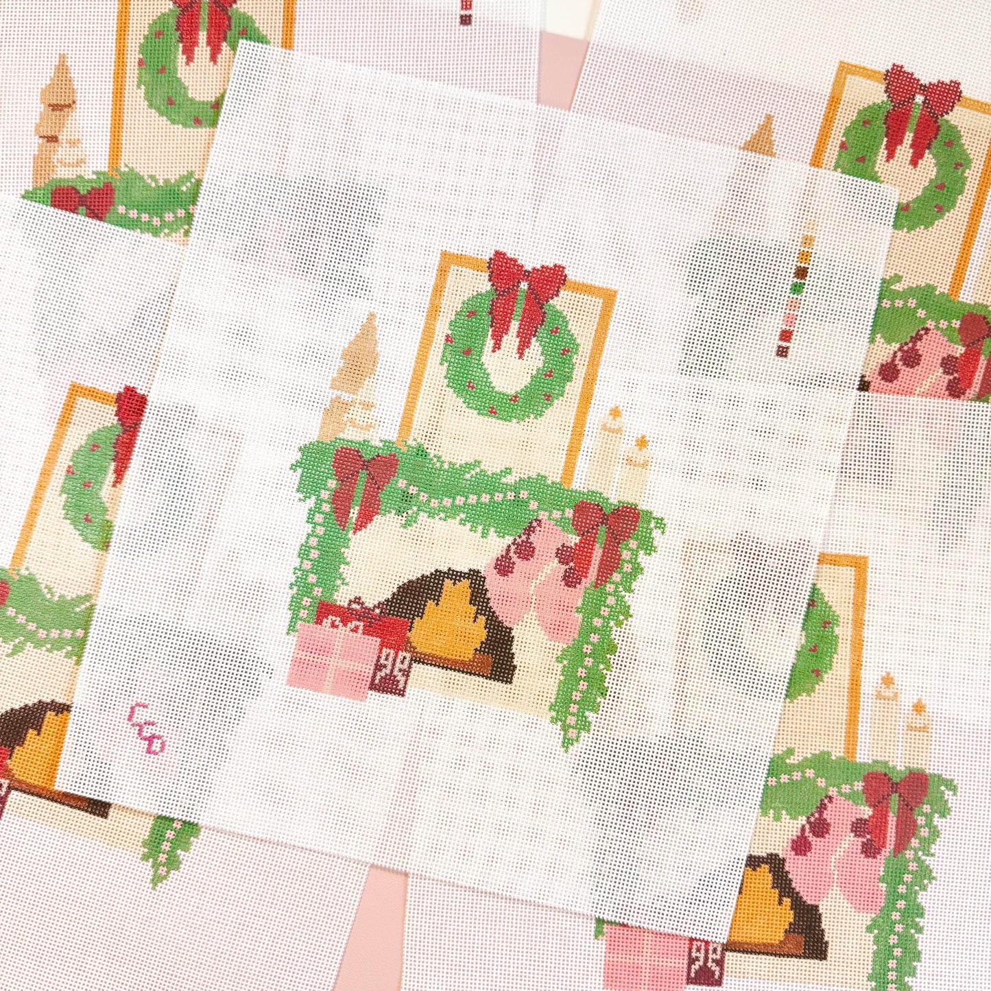 Hand Painted Christmas Fireplace Needlepoint Canvas 8” Needlepoint Canvas 18 Mesh Needlepoint Canvas Christmas Hand Painted