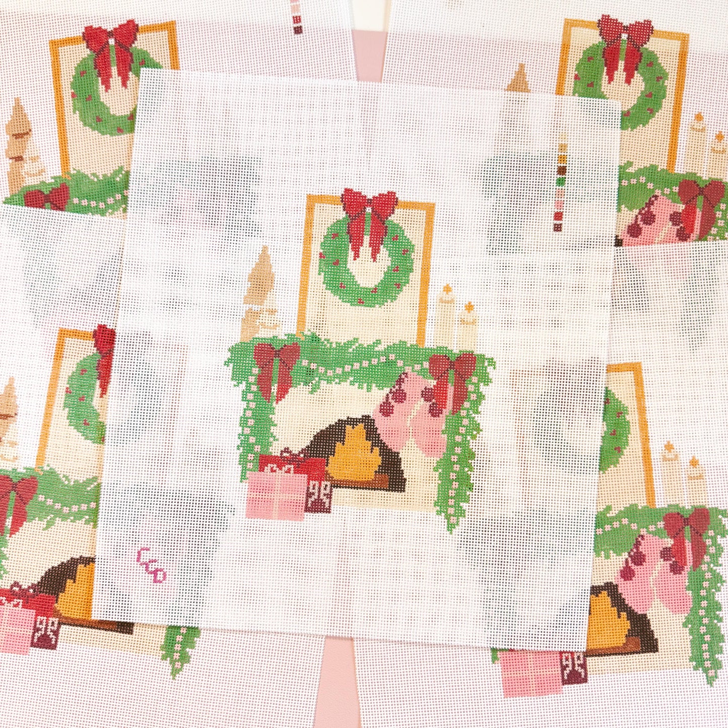 Hand Painted Christmas Fireplace Needlepoint Canvas 8” Needlepoint Canvas 18 Mesh Needlepoint Canvas Christmas Hand Painted