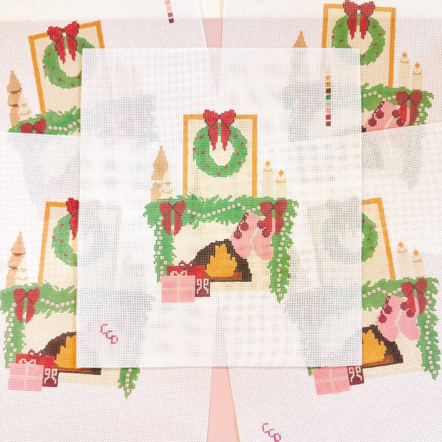 Hand Painted Christmas Fireplace Needlepoint Canvas 8” Needlepoint Canvas 18 Mesh Needlepoint Canvas Christmas Hand Painted
