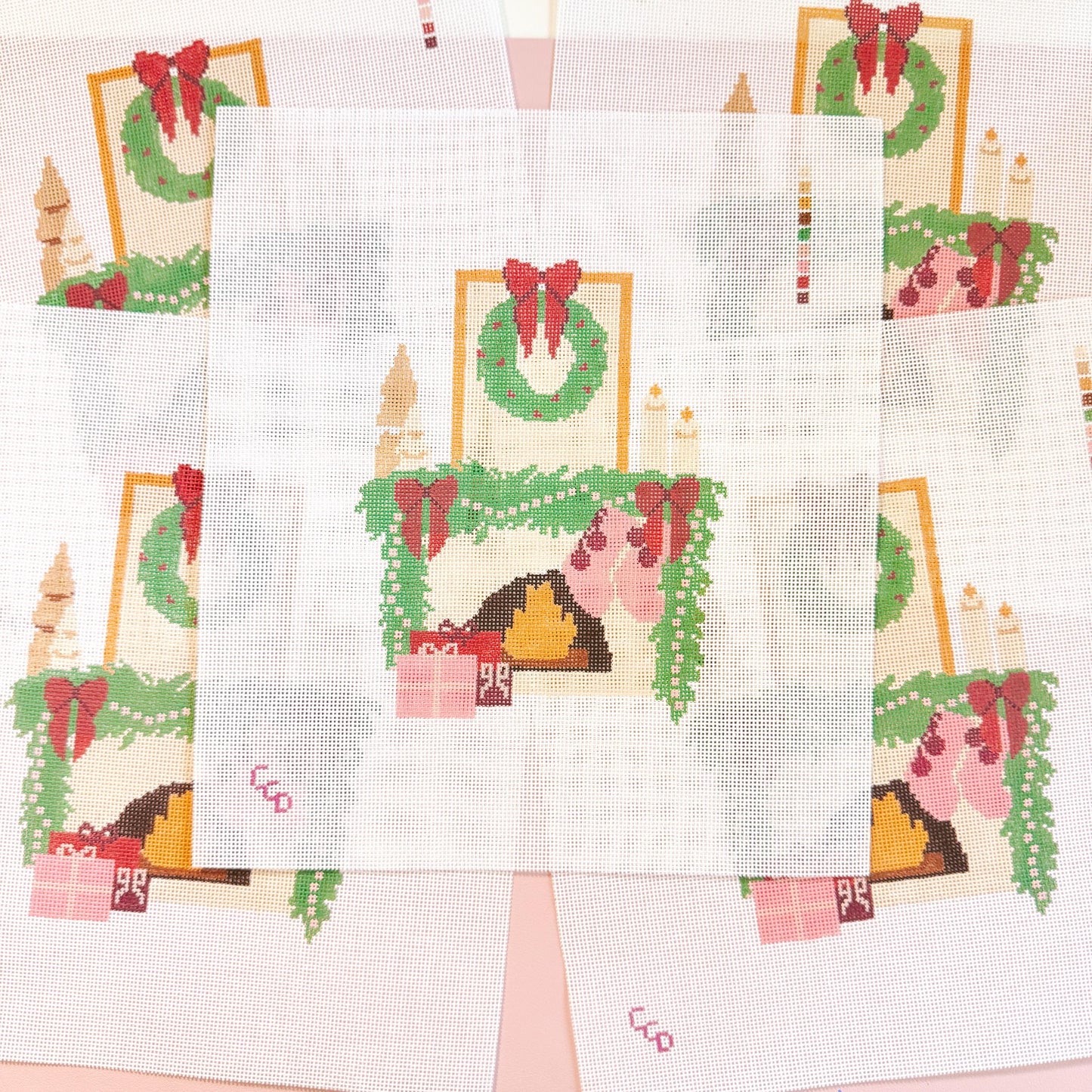 Hand Painted Christmas Fireplace Needlepoint Canvas 8” Needlepoint Canvas 18 Mesh Needlepoint Canvas Christmas Hand Painted