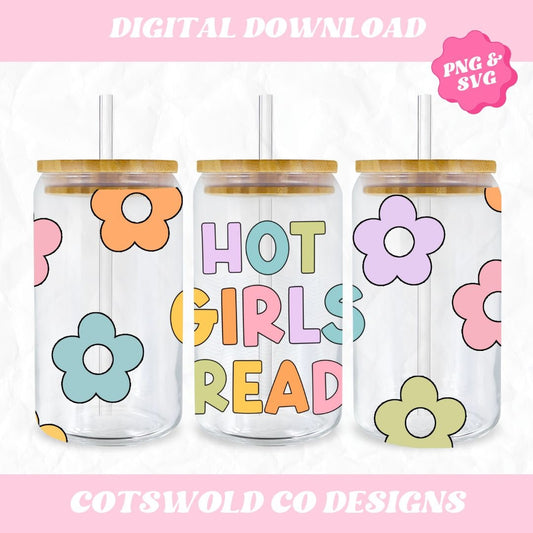 Hot Girls Read Retro 16oz Cup Wrap PNG SVG, Libbey Can Cup Wrap Designs, Reading Cup Wrap PNG
