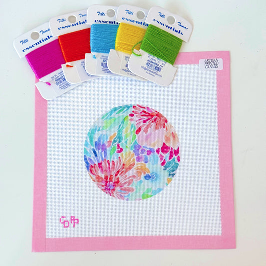 Floral Round Ornament Needlepoint Canvas, Artisan Printed Needlepoint Canvas, 18 Mesh, 4x4 Design