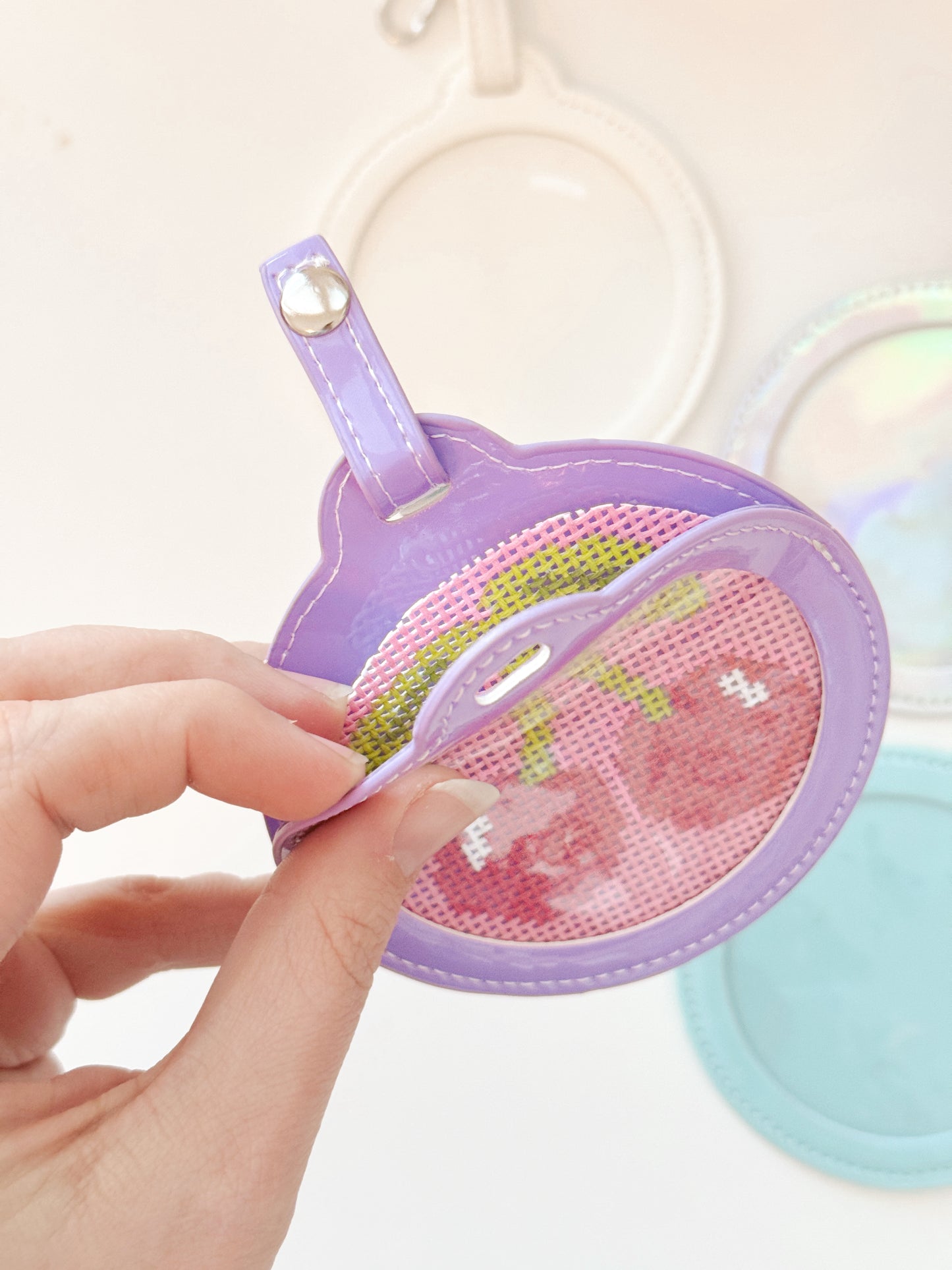 Self Finishing 3” Round Bag Tag Travel Tag, Needlepoint Self Finishing Interchangeable Bag Tag