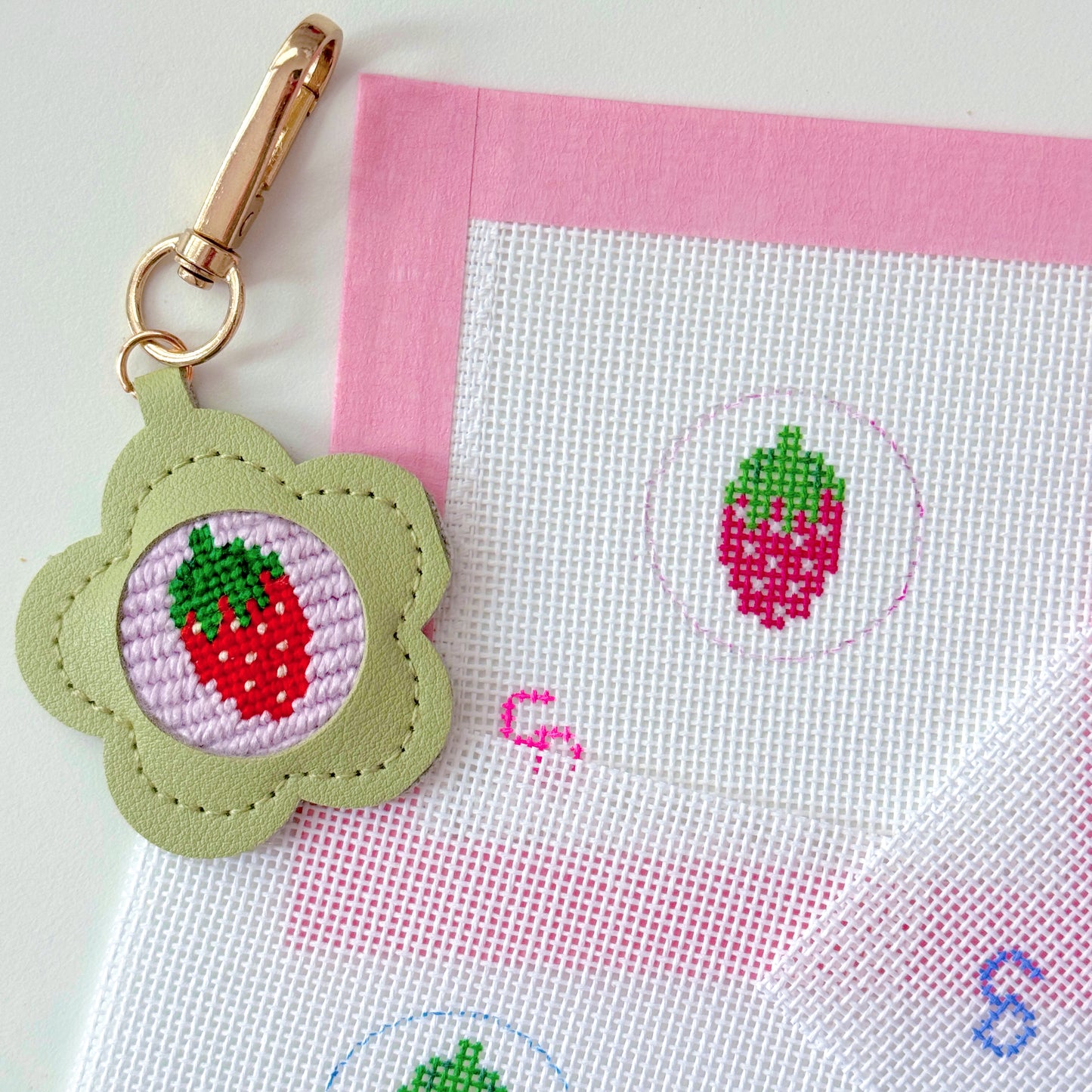 Mini Strawberry 1” Circle Key Fob Canvas Insert, 18 Mesh, Beginner Needlepoint