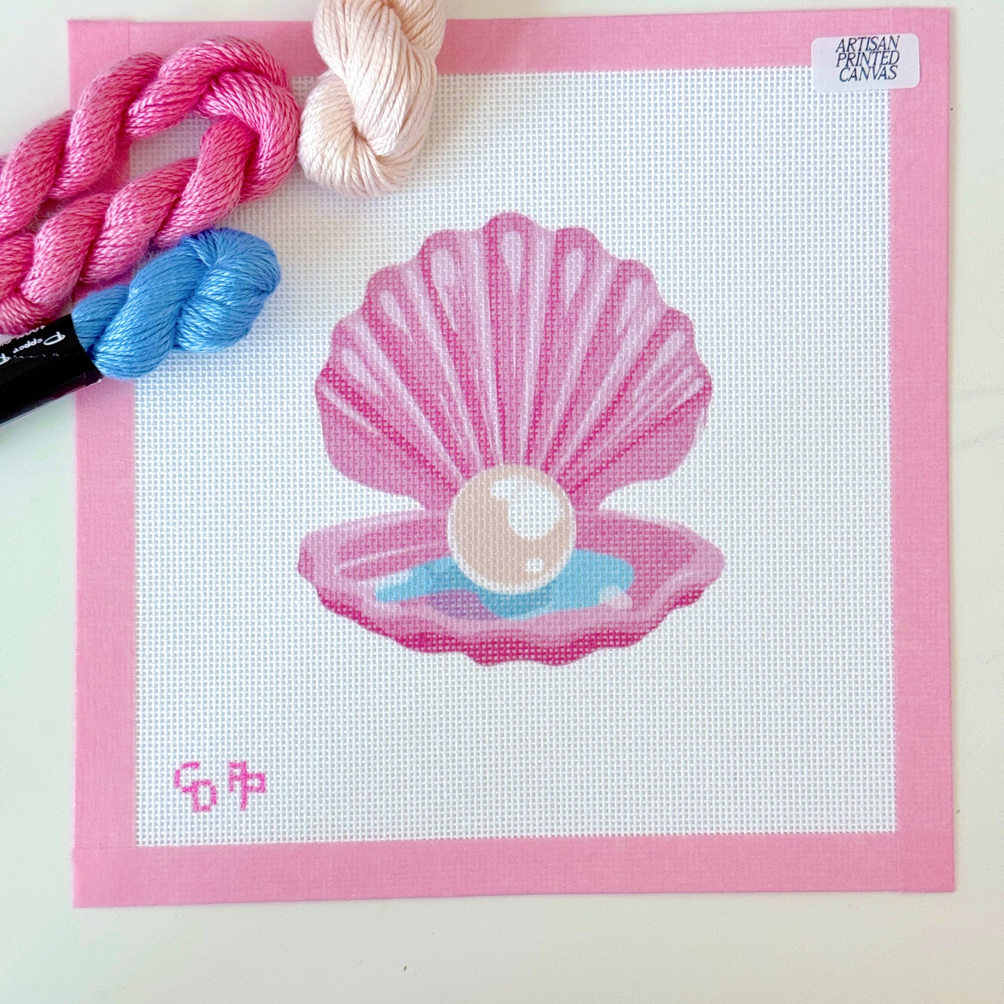 Pink Seashell Pearl Needlepoint Canvas, Artisan Printed Needlepoint Canvas, 18 Mesh, 4x4 Design