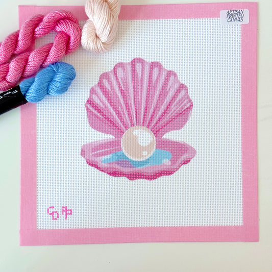 Pink Seashell Pearl Needlepoint Canvas, Artisan Printed Needlepoint Canvas, 18 Mesh, 4x4 Design