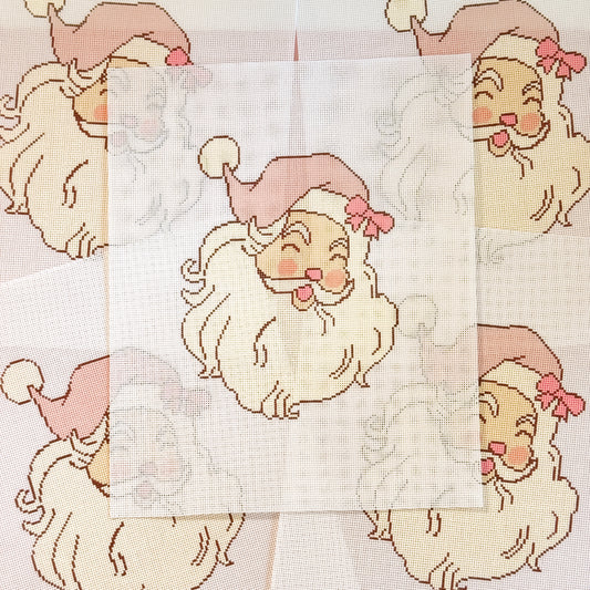 Pink Bow Santa 18 Mesh Needlepoint Canvas 5.5”x7” Design, Christmas Needlepoint Canvas Hand Painted