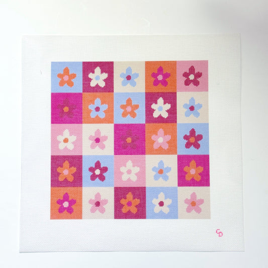 Retro Flower Checkered Pillow Hand Painted Needlepoint Canvas 18 Mesh, 12x12 Design