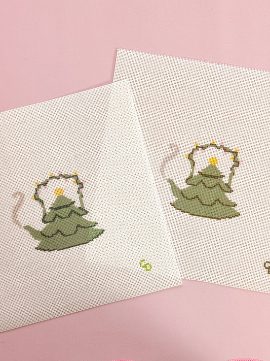 Christmas Tree Tea Kettle 18 Mesh Needlepoint Canvas – 2.5” x 3” Design