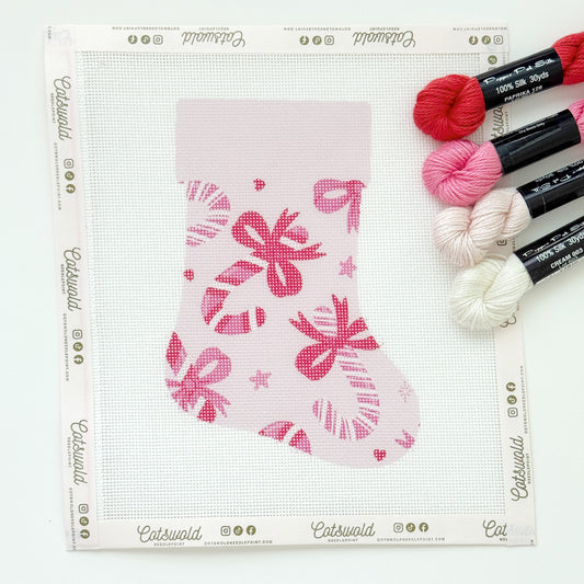 Candy Cane Bows Mini Christmas Needlepoint Canvas, 18 Mesh, Artisan Printed Needlepoint, 6x9 Design