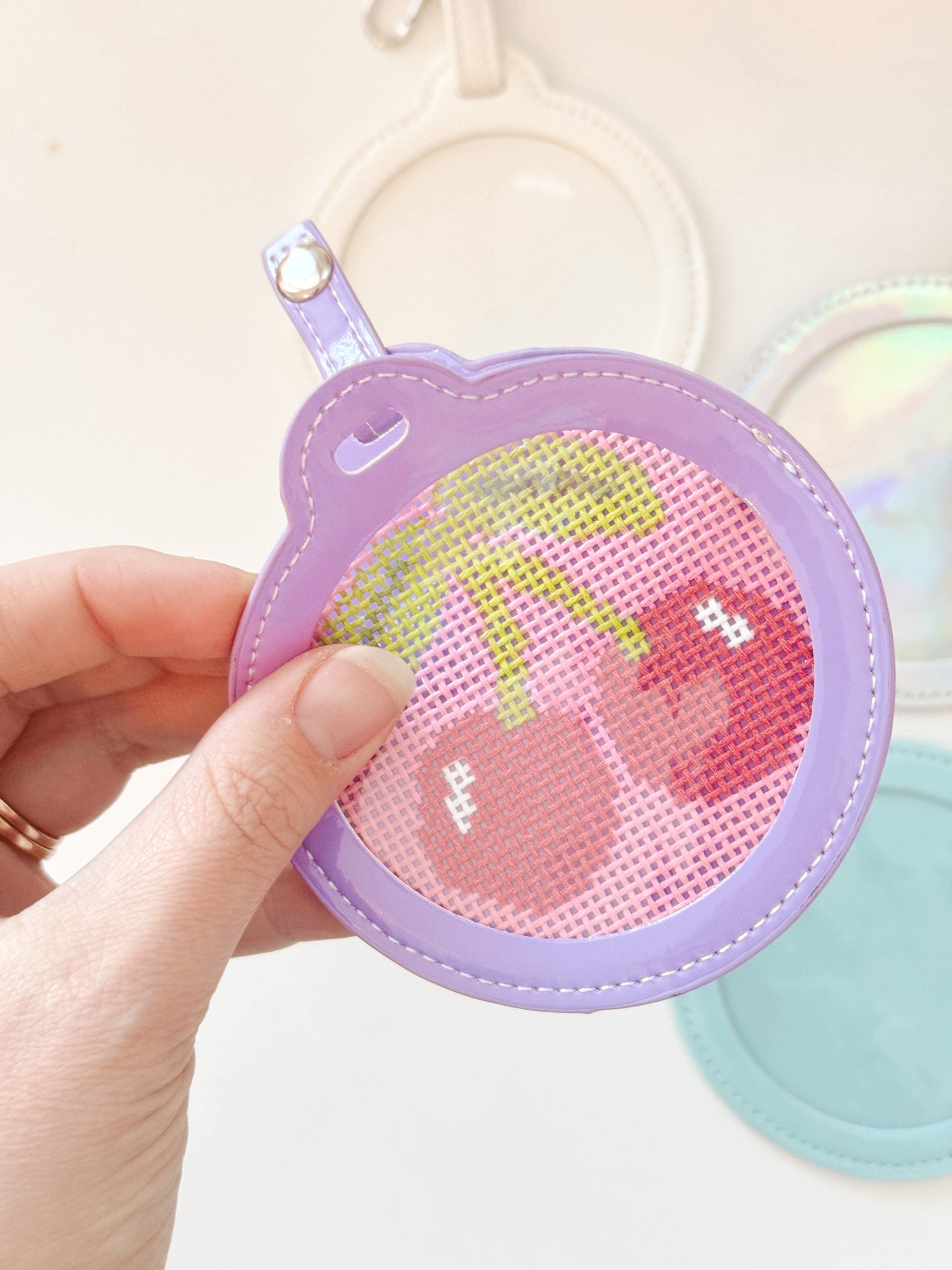 Self Finishing 3” Round Bag Tag Travel Tag, Needlepoint Self Finishing Interchangeable Bag Tag