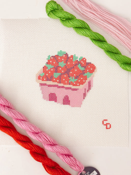 Strawberry Basket Needlepoint Canvas 13 Mesh 3” Design, Summer Strawberries Needlepoint Canvas modern Hand Painted