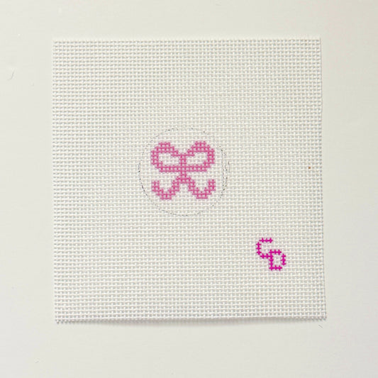 Mini 1” Round Bag Tag Insert Pink Bow Hand Painted Needlepoint Canvas 18 Mesh, 1x1 Design