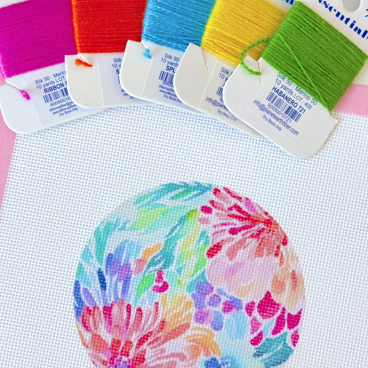 Floral Round Ornament Needlepoint Canvas, Artisan Printed Needlepoint Canvas, 18 Mesh, 4x4 Design