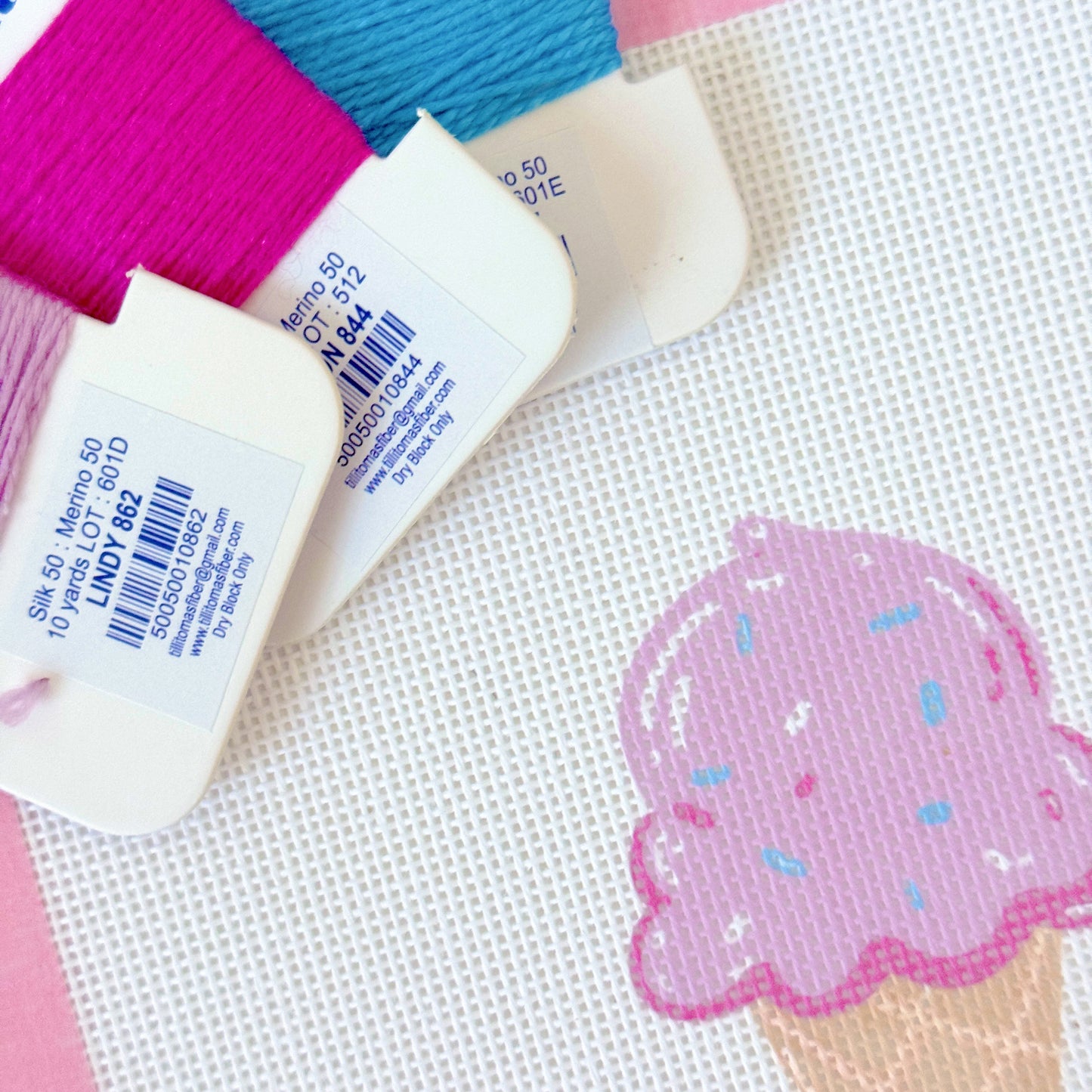 Pink Ice Cream Cone Needlepoint Canvas, Artisan Printed Needlepoint Canvas, 18 Mesh, 3x4 Design