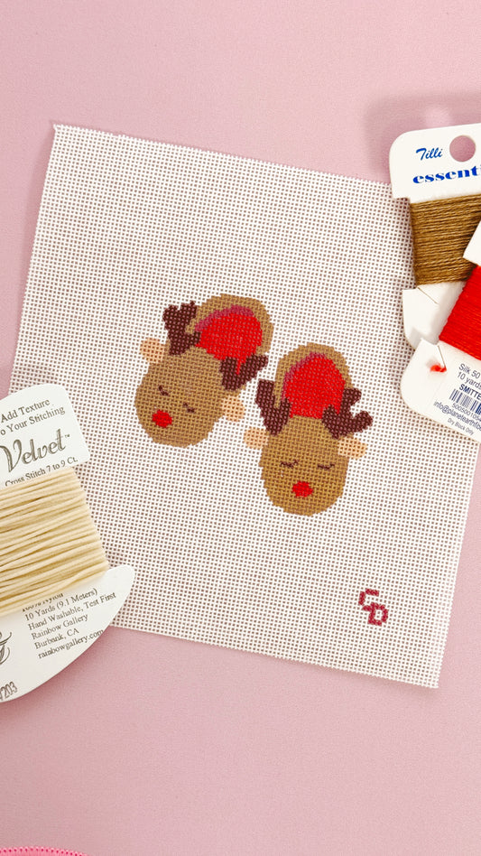 Reindeer Slippers Christmas Needlepoint Canvas 18 Mesh 2.5”x2.5” Design