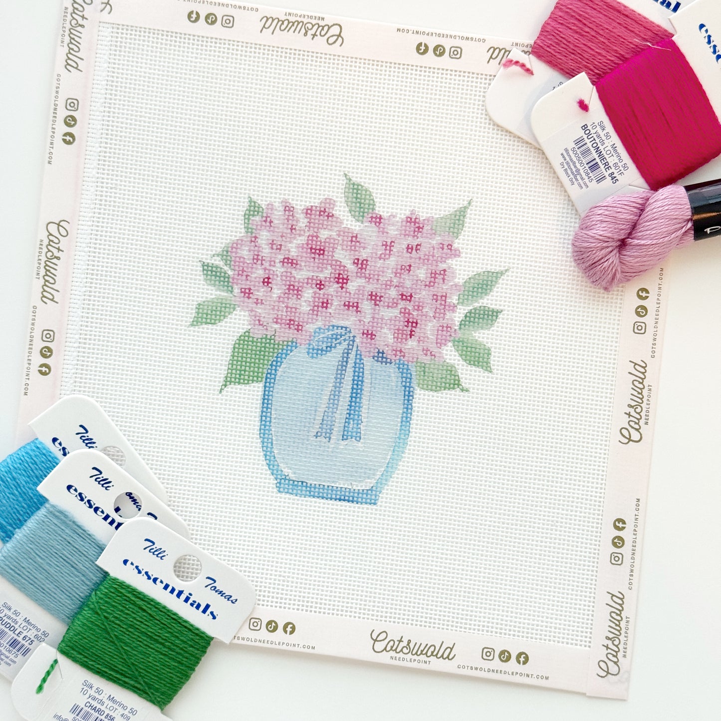 Pink Hydrangea Flower Vase Needlepoint Canvas, 18 Mesh, Artisan Printed Needlepoint, 3.5x4 Design