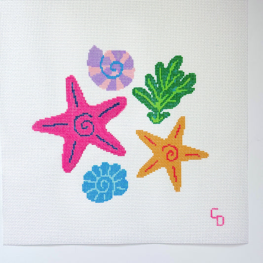 Colorful Seashells Hand Painted Needlepoint Canvas 13 Mesh, 8x8 Design