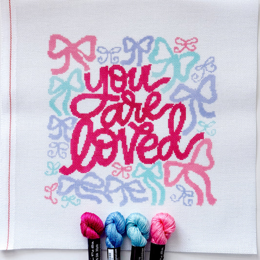 You Are Loved Needlepoint Canvas – 18 Mesh Zweigart Mono Deluxe, 8x8.2" Design on 12x12.2" Hand-Painted Pastel Bow Quote