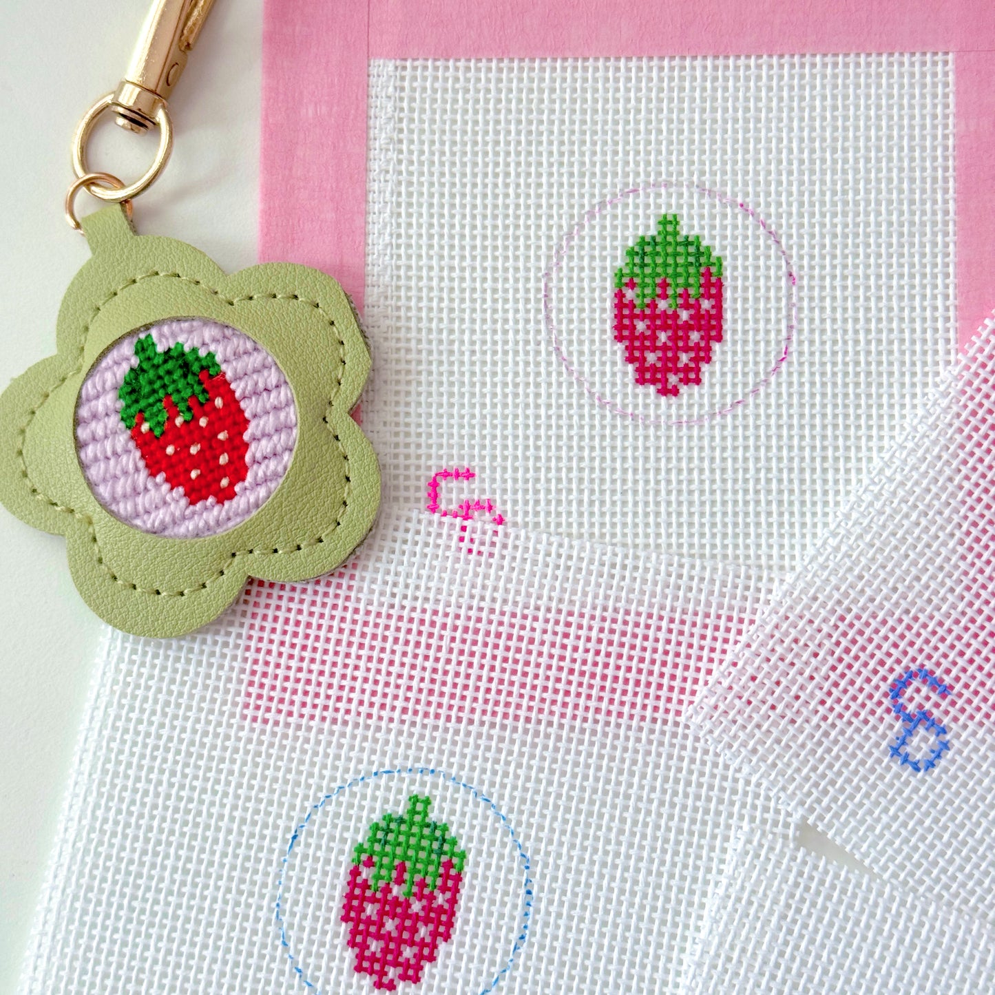 Mini Strawberry 1” Circle Key Fob Canvas Insert, 18 Mesh, Beginner Needlepoint