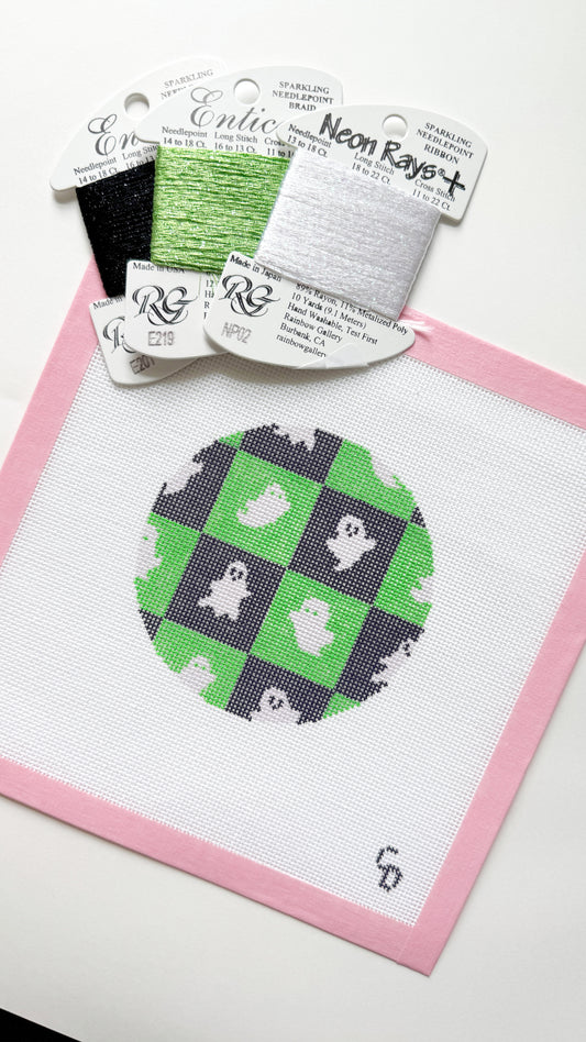 Checkered Ghost Round Halloween Needlepoint Canvas, Halloween Ornament Needlepoint, 18 Mesh, 4x4 Design