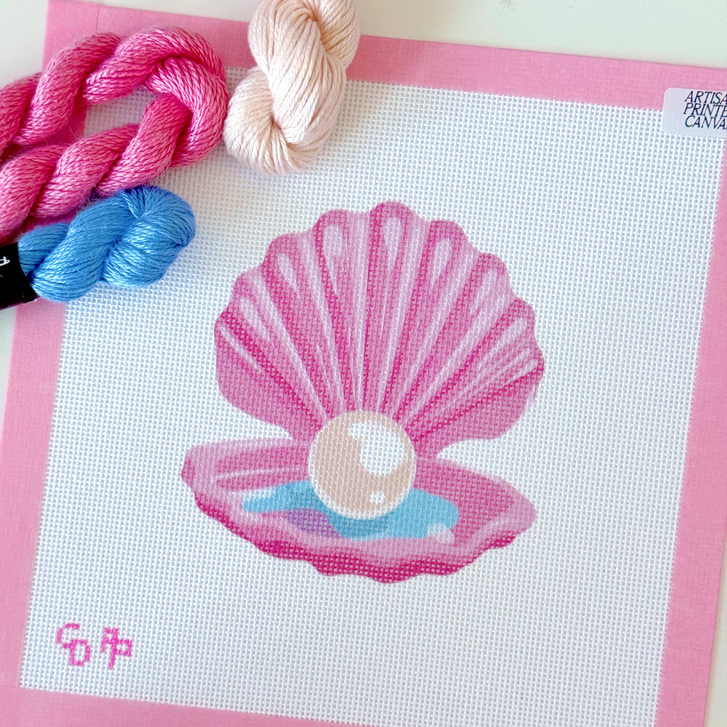 Pink Seashell Pearl Needlepoint Canvas, Artisan Printed Needlepoint Canvas, 18 Mesh, 4x4 Design