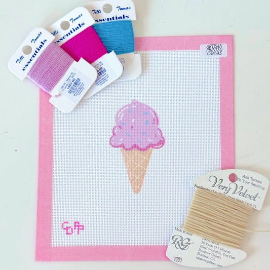 Pink Ice Cream Cone Needlepoint Canvas, Artisan Printed Needlepoint Canvas, 18 Mesh, 3x4 Design