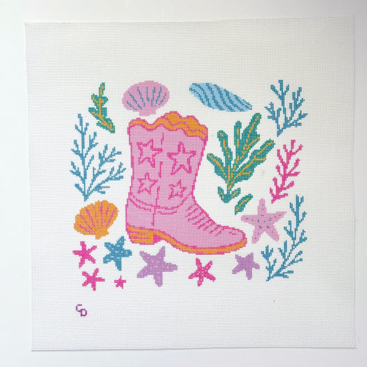 Coastal Cowgirl Boot Hand Painted Needlepoint Canvas 18 Mesh, 10x10 Design