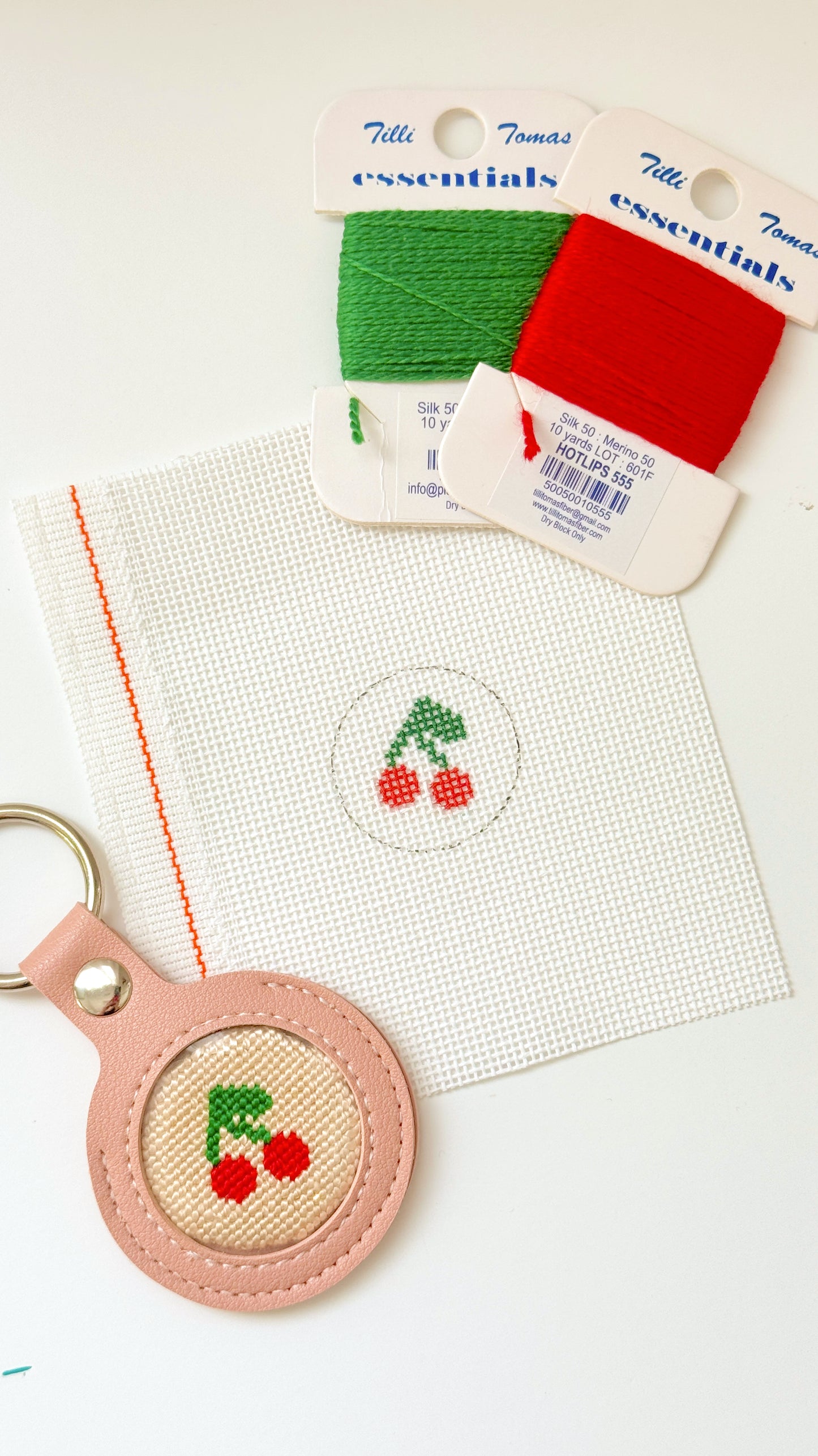 Mini Cherry 1” Round Key Fob Needlepoint Canvas, Mini Needlepoint Canvas, Cherry Needlepoint