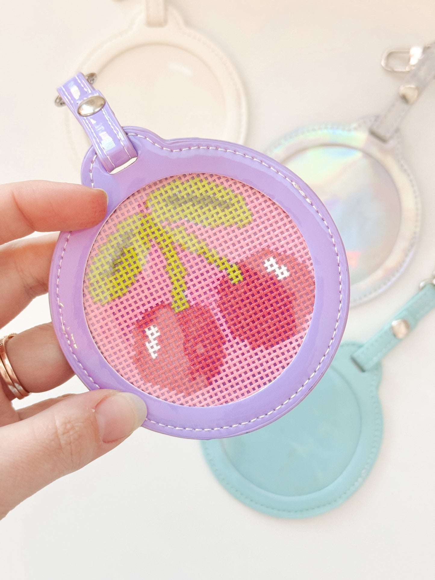 Self Finishing 3” Round Bag Tag Travel Tag, Needlepoint Self Finishing Interchangeable Bag Tag