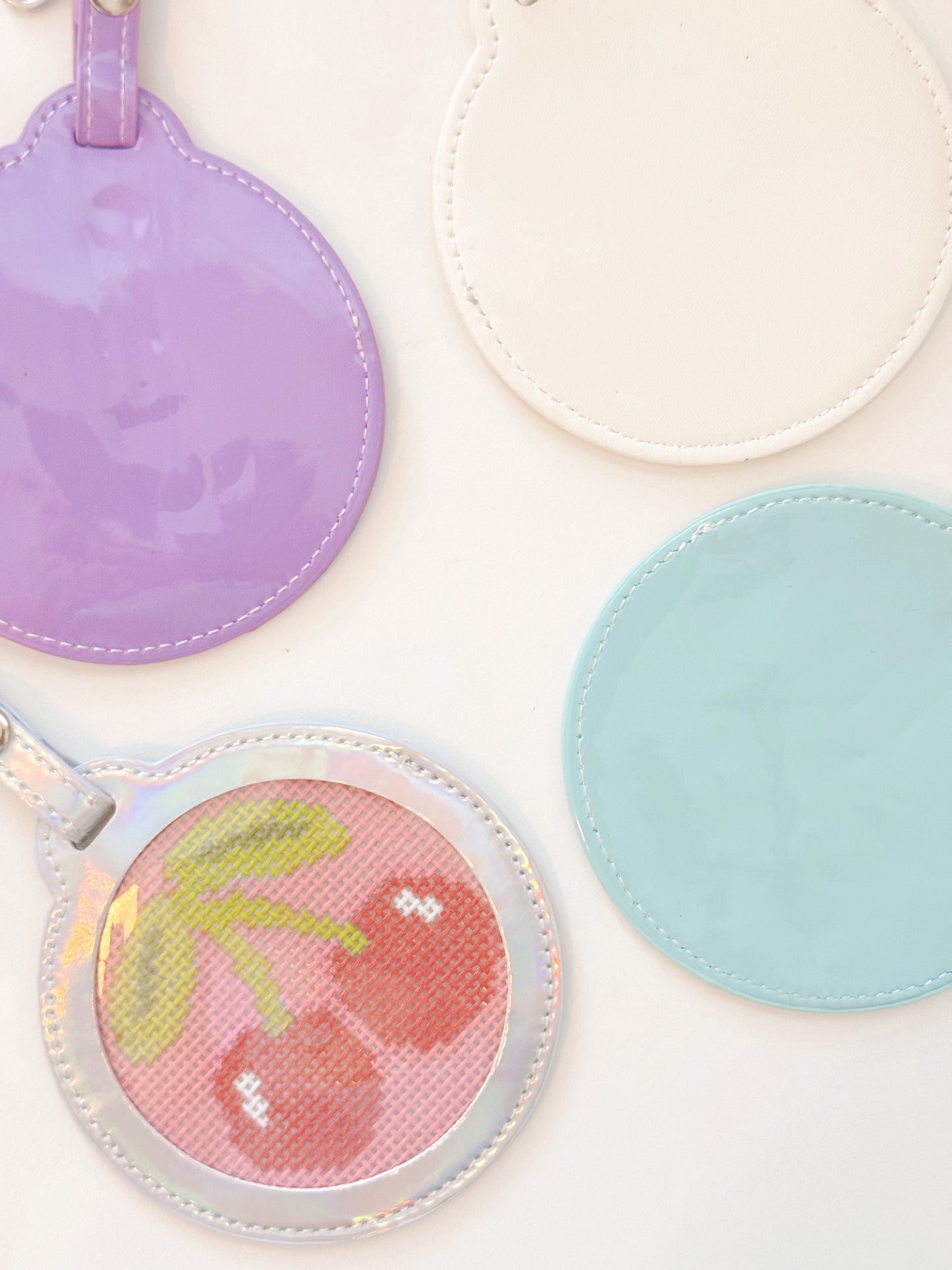 Self Finishing 3” Round Bag Tag Travel Tag, Needlepoint Self Finishing Interchangeable Bag Tag