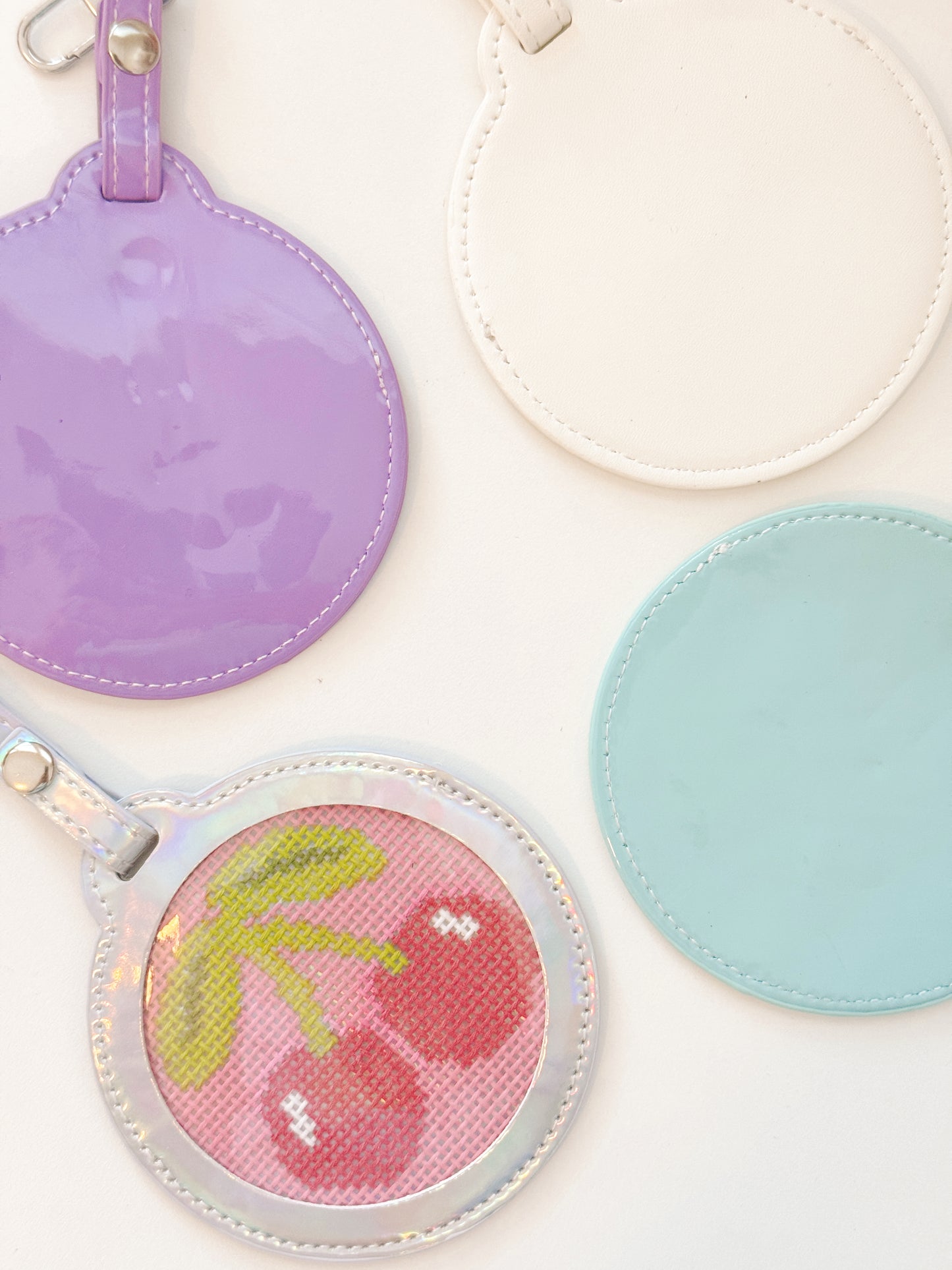 Self Finishing 3” Round Bag Tag Travel Tag, Needlepoint Self Finishing Interchangeable Bag Tag