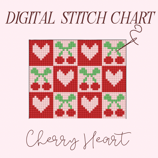 Heart Cherries Pattern Needlepoint PDF Stitch Chart, Cross Stitch Coquette Chart, Diy Paint Needlepoint Canvas PDF, 13 Mesh Needlepoint pdf