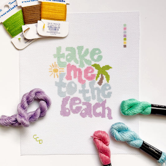 Take Me to the Beach Retro Needlepoint Canvas | Hand-Painted 18 Mesh | 5” x 4” Design on 8” x 8” Canvas | Ready to Ship