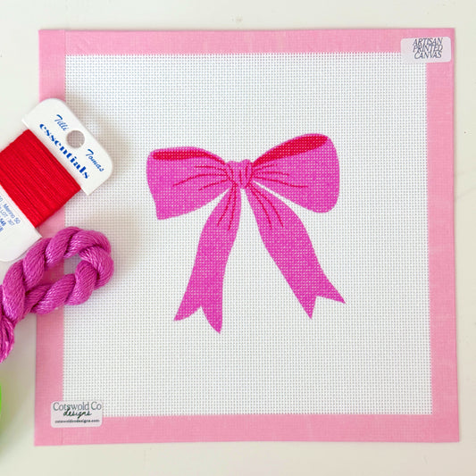 Pink Red Bow 18 Mesh Needlepoint Canvas, Aesthetic Bow Canvas, Artisan Printed Canvas, 4x4 Design