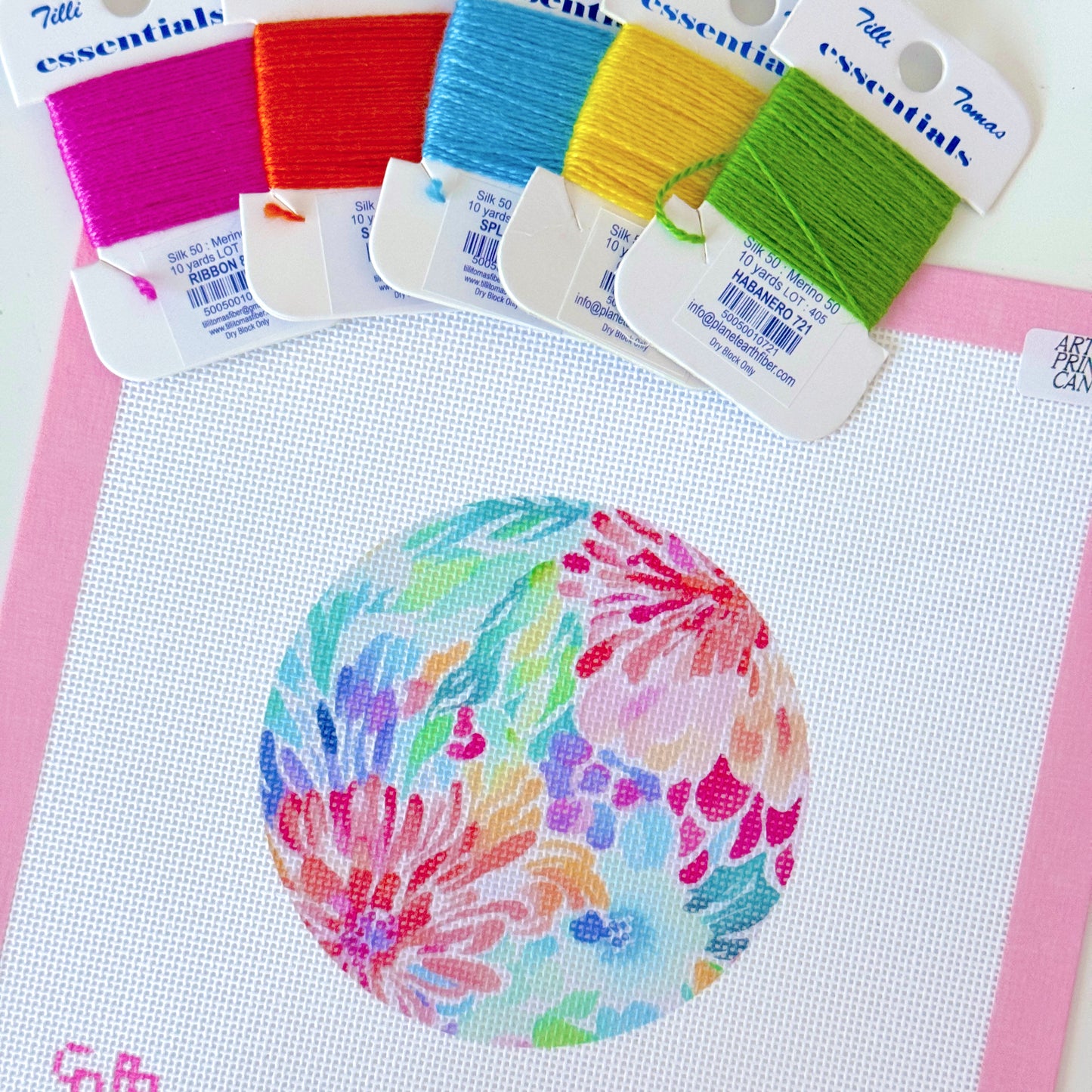 Floral Round Ornament Needlepoint Canvas, Artisan Printed Needlepoint Canvas, 18 Mesh, 4x4 Design