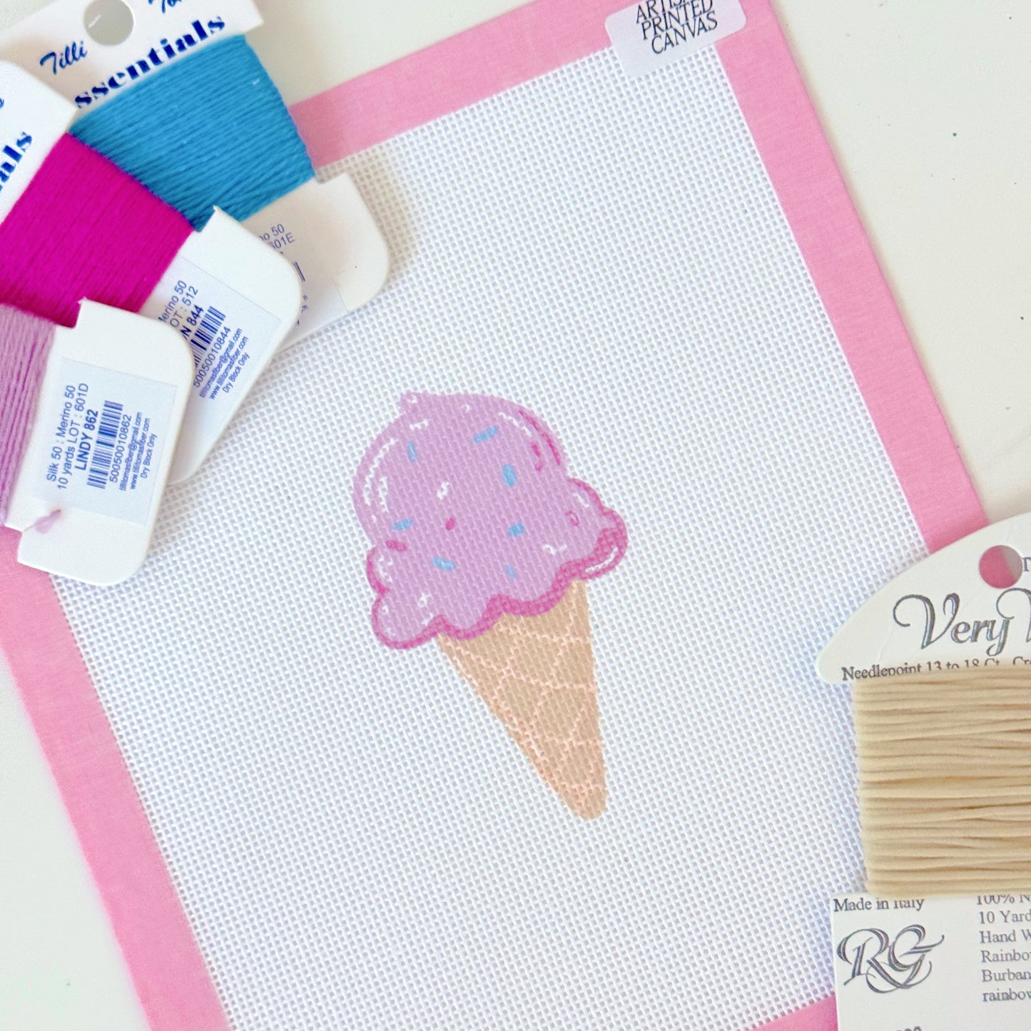 Pink Ice Cream Cone Needlepoint Canvas, Artisan Printed Needlepoint Canvas, 18 Mesh, 3x4 Design