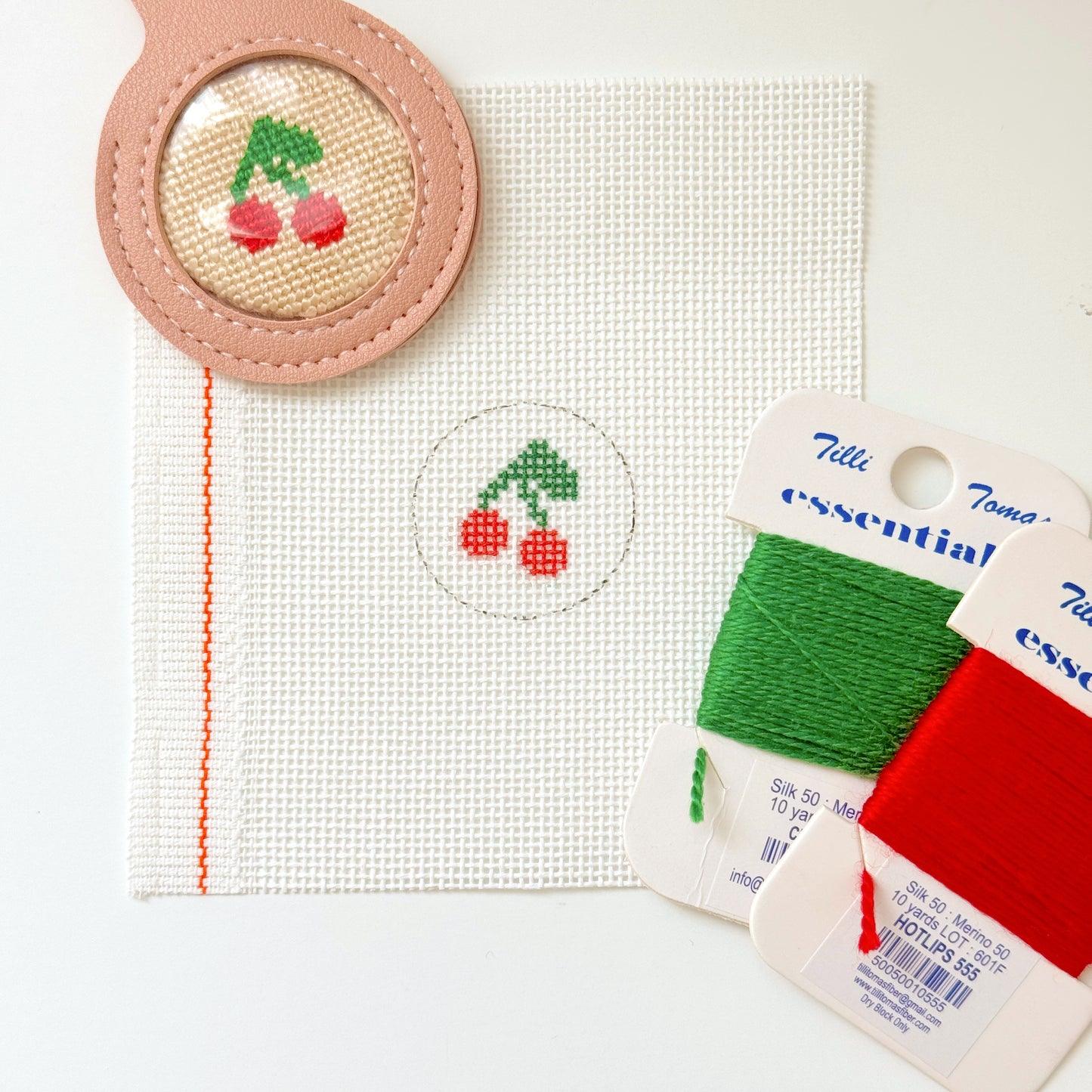 Mini Cherry 1” Round Key Fob Needlepoint Canvas, Mini Needlepoint Canvas, Cherry Needlepoint