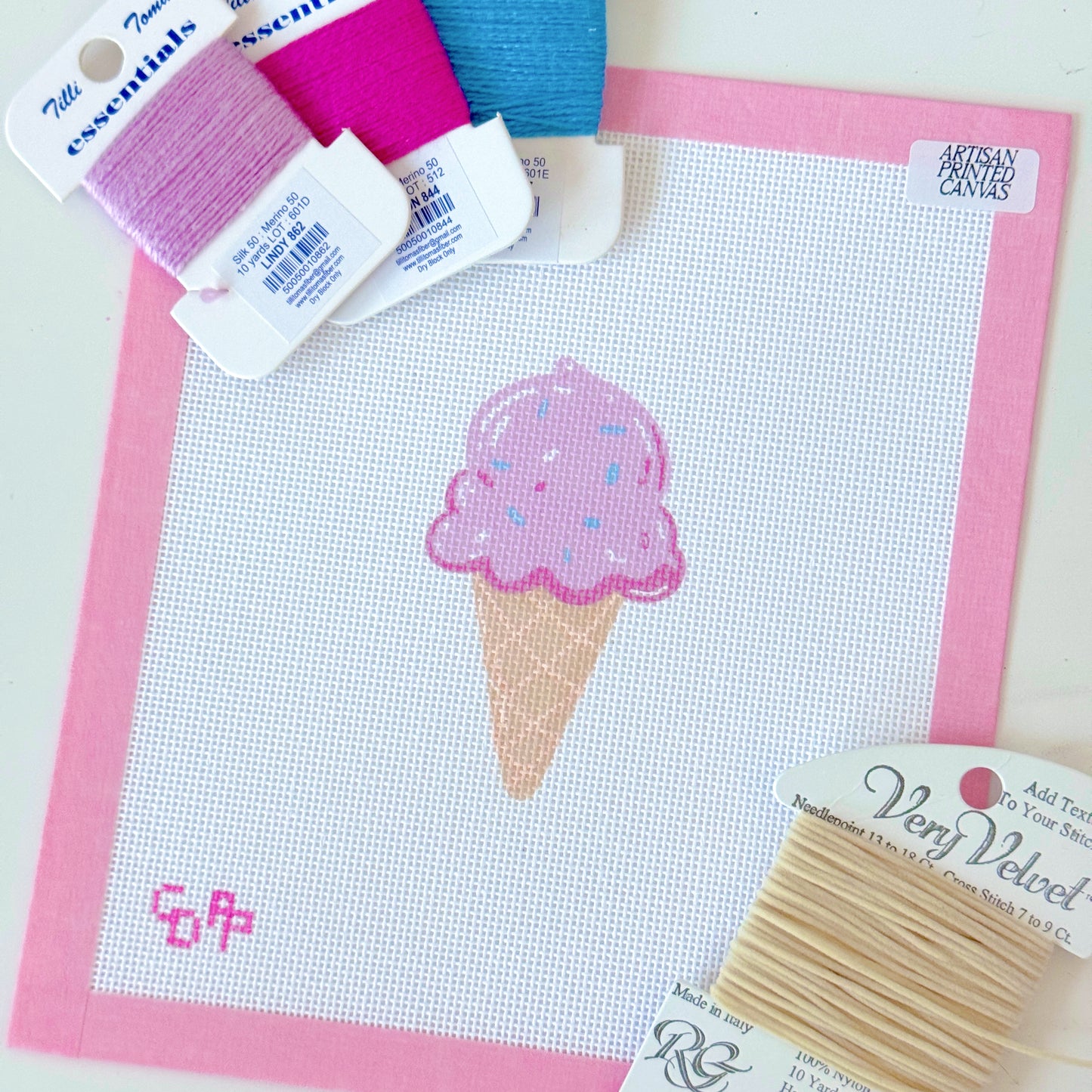 Pink Ice Cream Cone Needlepoint Canvas, Artisan Printed Needlepoint Canvas, 18 Mesh, 3x4 Design