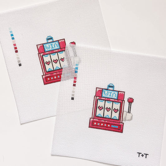 Slot Machine with Hearts Needlepoint Canvas | 4” Design on 8"x8" 18 Mesh | Hand-Painted by Featured Designer Threaded and Tipsy | Ready to Ship