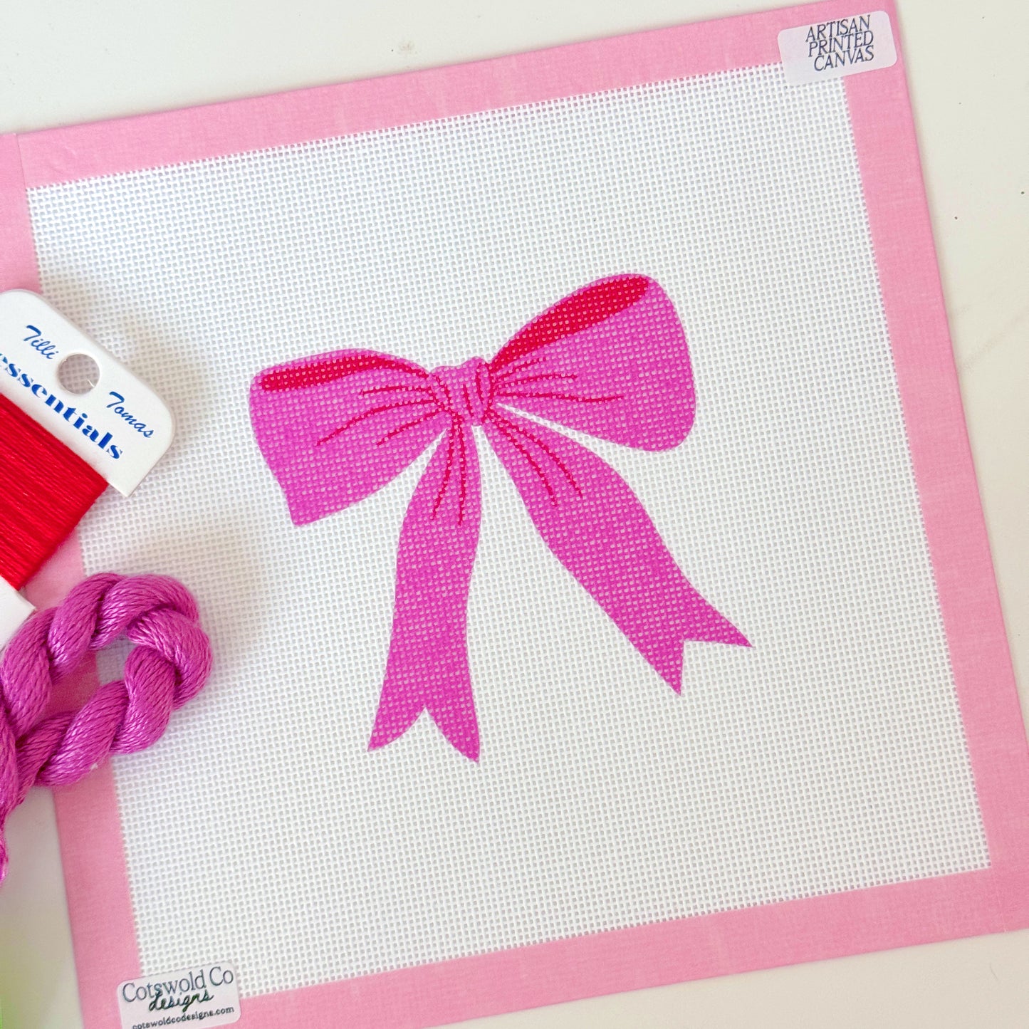 Pink Red Bow 18 Mesh Needlepoint Canvas, Aesthetic Bow Canvas, Artisan Printed Canvas, 4x4 Design
