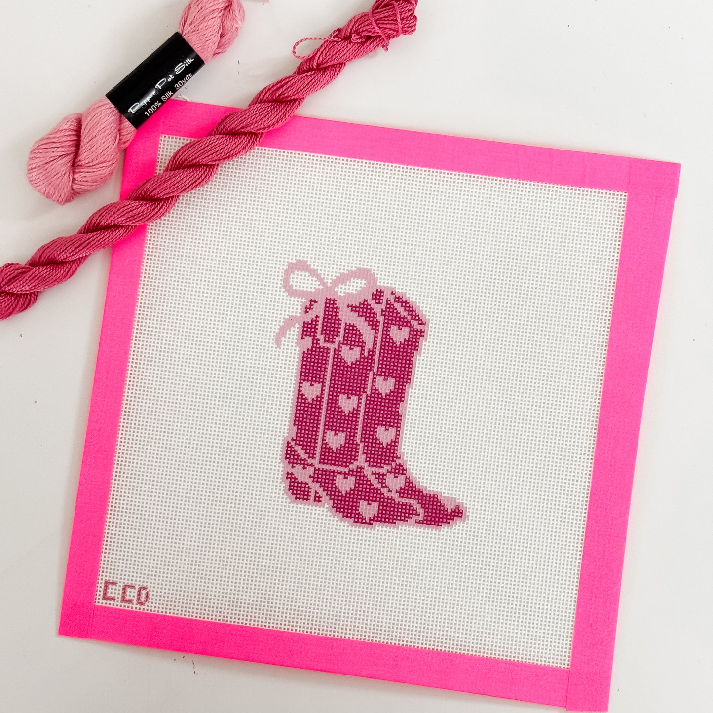 Hand-Painted Heart Coquette Cowgirl Boot Needlepoint Canvas | 4” Design | 18 Mesh Southern-Inspired Design