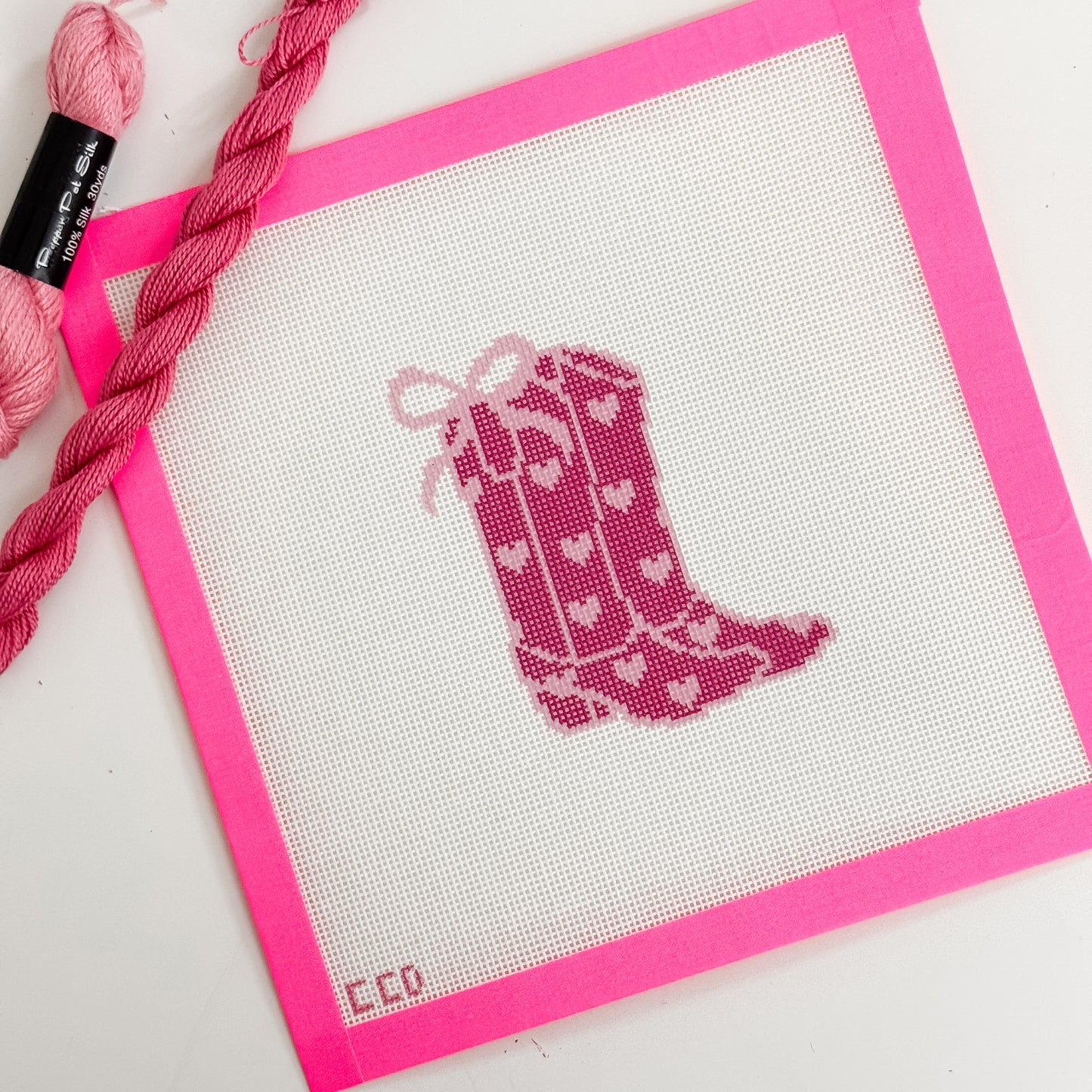 Hand-Painted Heart Coquette Cowgirl Boot Needlepoint Canvas | 4” Design | 18 Mesh Southern-Inspired Design