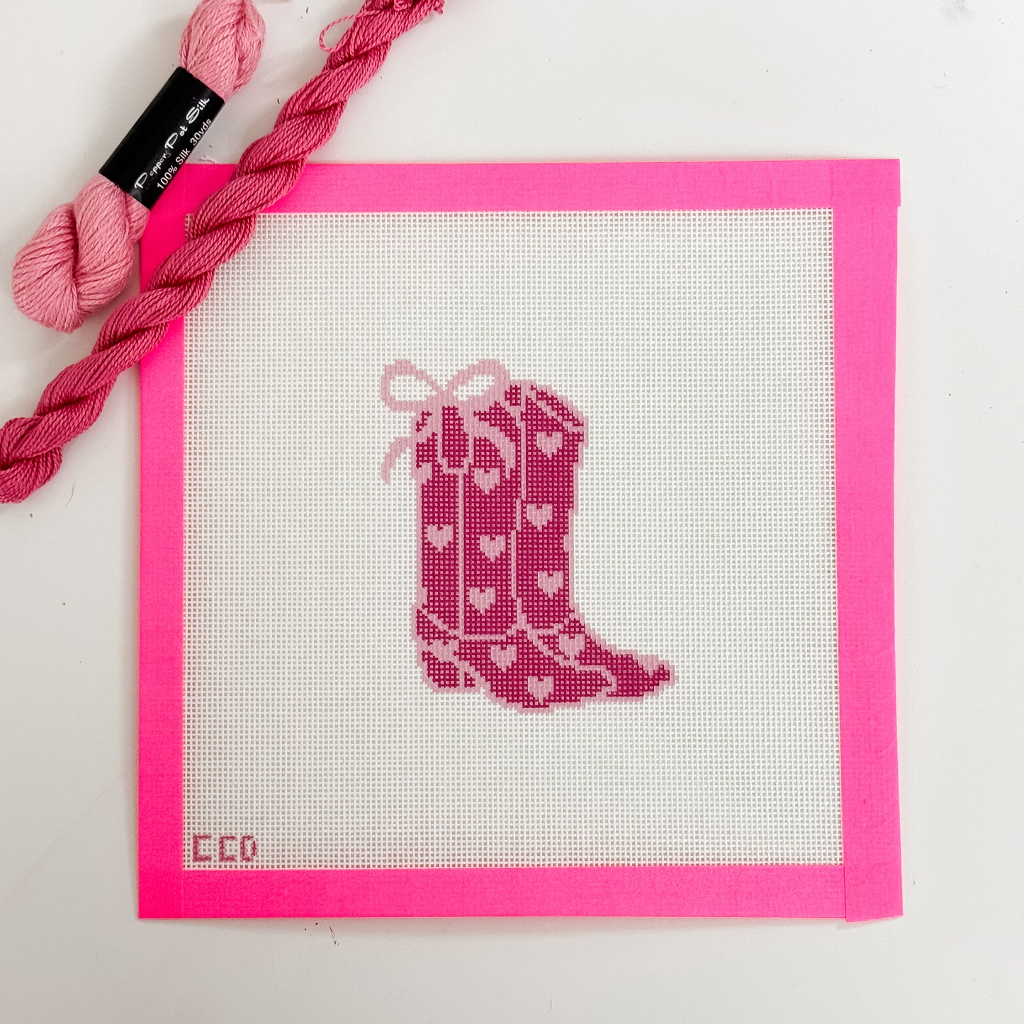 Hand-Painted Heart Coquette Cowgirl Boot Needlepoint Canvas | 4” Design | 18 Mesh Southern-Inspired Design