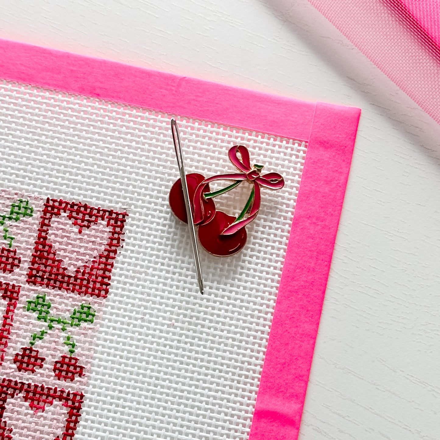 Aesthetic Coquette Needle Minder, Needlepoint Needle Minder, Cherry Cute Pink Needle Minder Magnetic